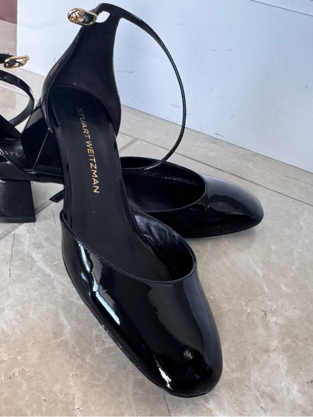 Stuart Weitzman Black Patent Leather Ankle-Strap Block Heel Pumps
